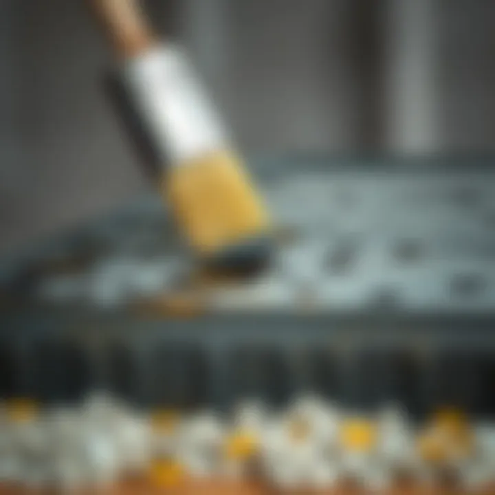 A close-up view of an oil-coated metal surface ready for painting