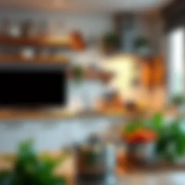 An organized kitchen space featuring essential cooking tools and a TV