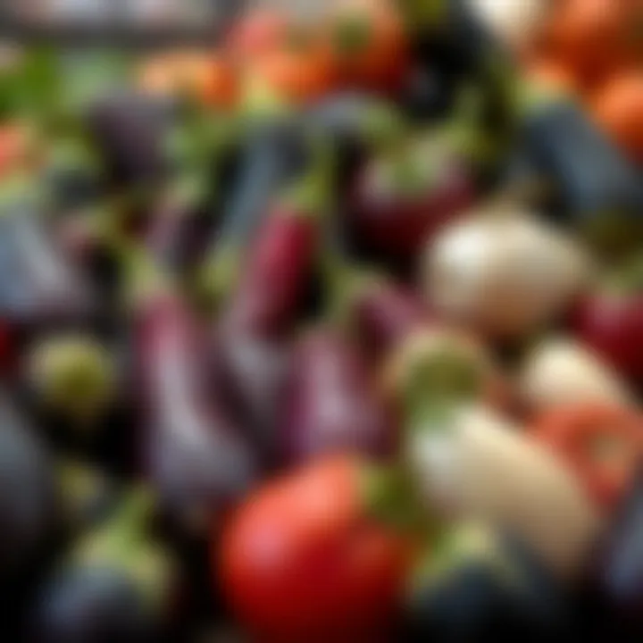 An artistic arrangement of eggplants in various colors and sizes