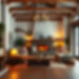 A cozy rustic living room with wooden beams and warm lighting