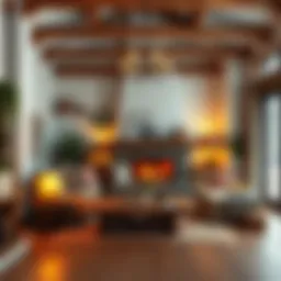 A cozy rustic living room with wooden beams and warm lighting