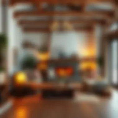 A cozy rustic living room with wooden beams and warm lighting