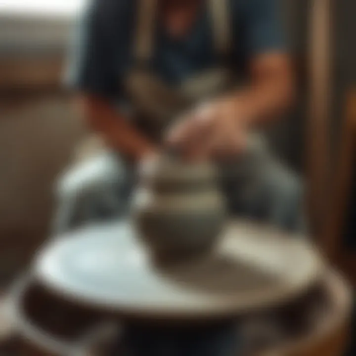 A potter shaping clay on a wheel
