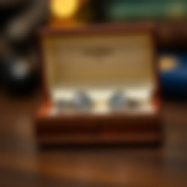 Set of unique cufflinks in a decorative box