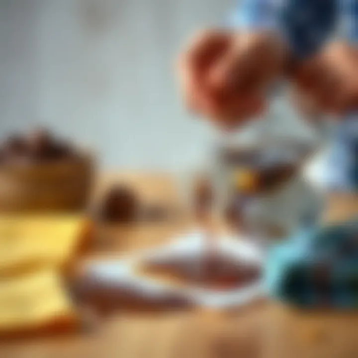 A person applying a cleaning solution to a chocolate stain