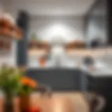 Modern small American kitchen design with open shelves and sleek appliances