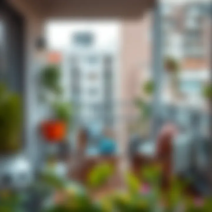 Stylish small balcony with creative furniture arrangement