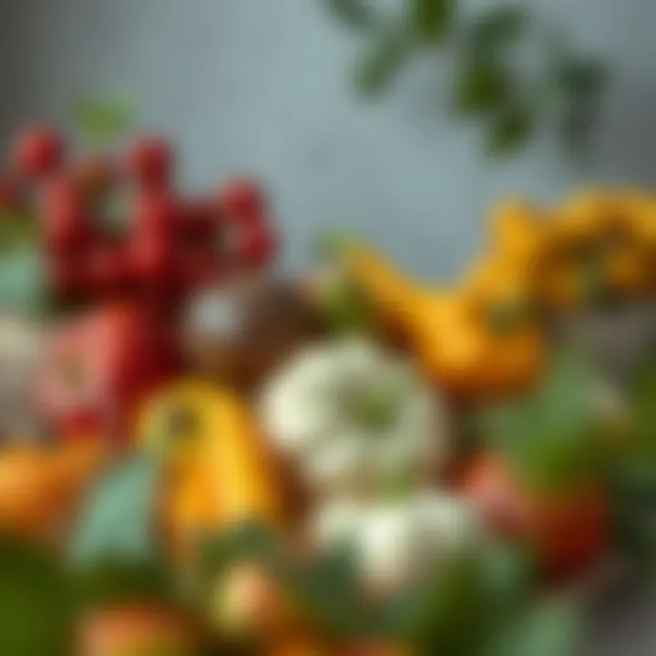 Decorative arrangement of seasonal fruits and vegetables