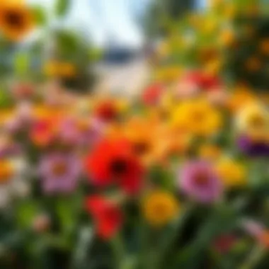 A variety of colorful sun-loving flowers in a garden setting