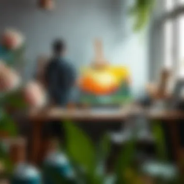 An artist's workspace with various painting supplies and a half-finished artwork