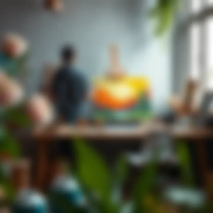 An artist's workspace with various painting supplies and a half-finished artwork