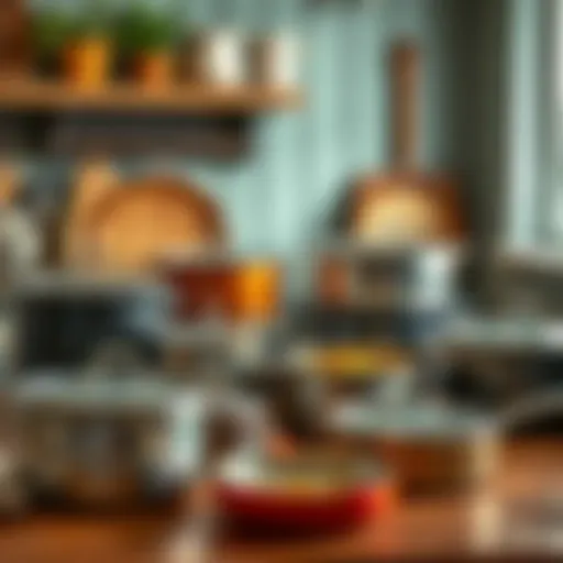 Variety of pans arranged on a kitchen countertop