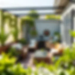 Stylish terrace design with greenery and cozy seating