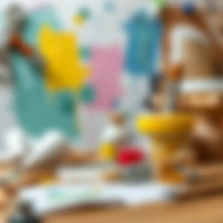 Tools and materials for acrylic wall painting.