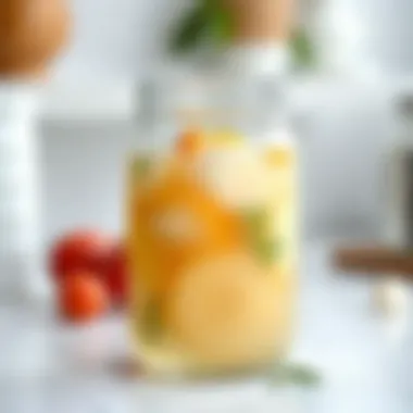 A glass jar with a clear brine solution