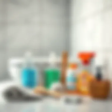 Essential cleaning supplies arranged neatly for toilet cleaning