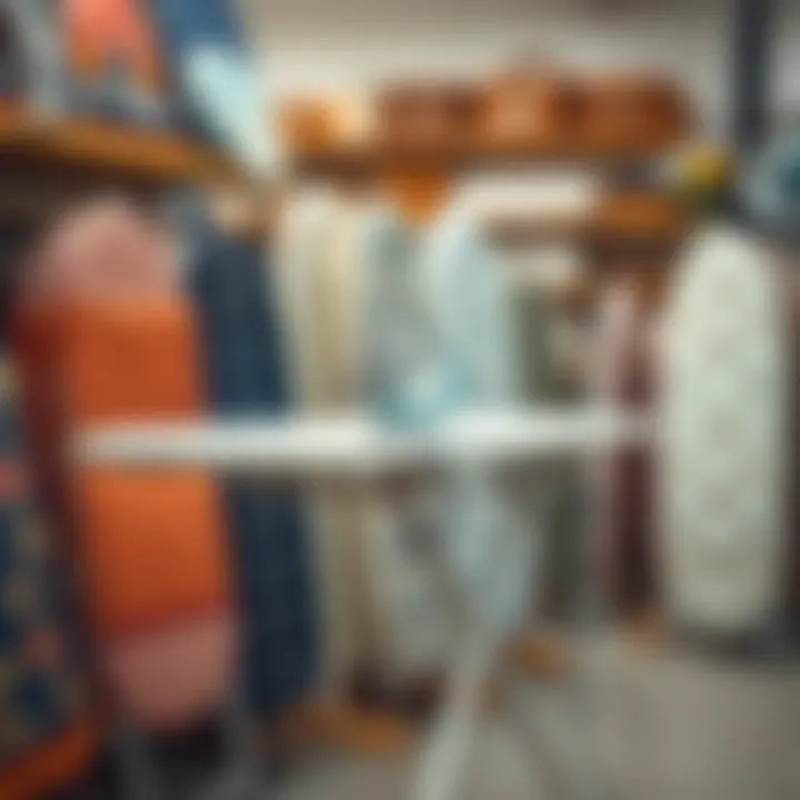 Different types of ironing boards in a store