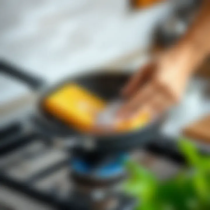 Person scrubbing a pan with a sponge