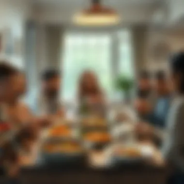 A family gathering around a dining table with shared dishes